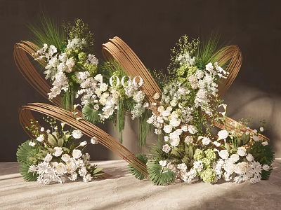 Elegant Floral Arrangement With Golden Curved Decorations And White Green Flowers 3d model