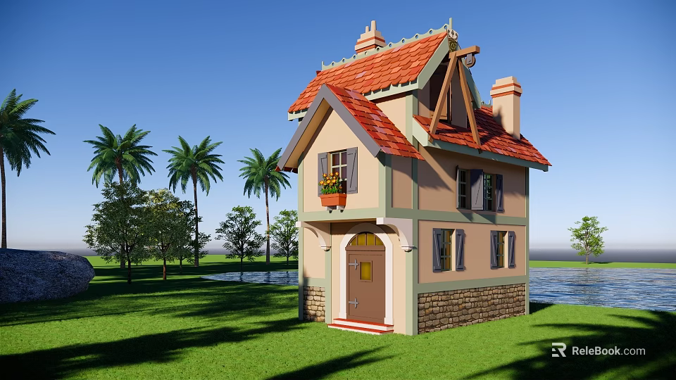 Cartoon House With Red Tiled Roof Chimney Palm Trees Green Lawn And Blue Sky 3d model 