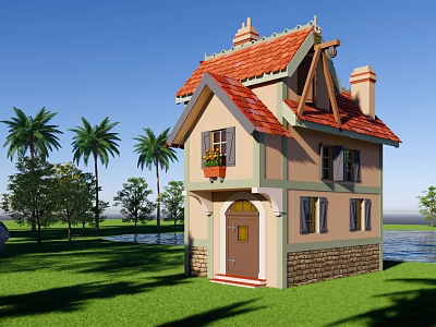 Cartoon House With Red Tiled Roof Chimney Palm Trees Green Lawn And Blue Sky 3d model