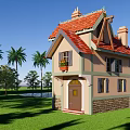 Cartoon House With Red Tiled Roof Chimney Palm Trees Green Lawn And Blue Sky