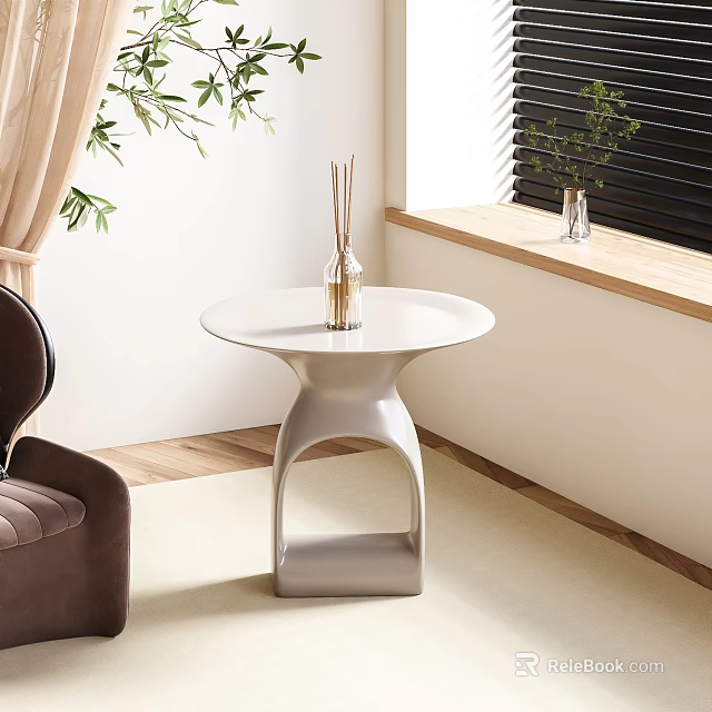 Modern Side Table With Round Top And Silver Base Near Brown Chair And Green Plants 3d model 
