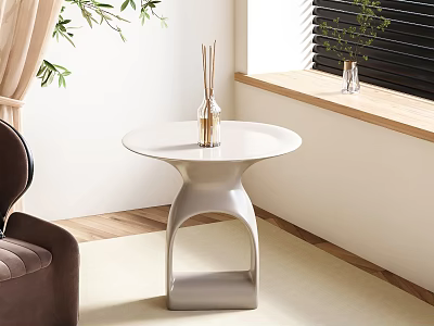 Modern Side Table With Round Top And Silver Base Near Brown Chair And Green Plants 3d model