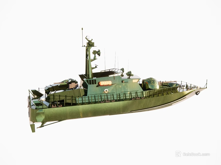 Green Military Ship Model With Weapons Antennas and Deck Details 3d model 