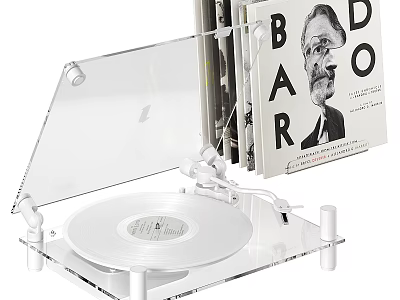 Transparent Vinyl Turntable Entertainment Electronics With White Platter And Vinyl Records 3d model