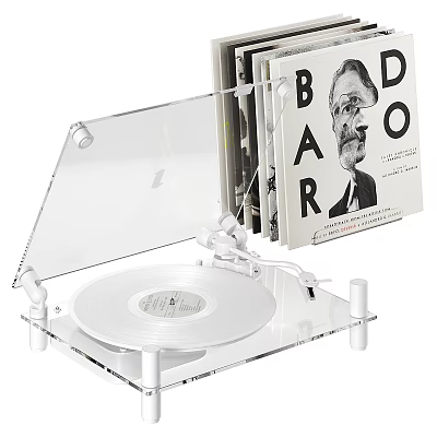 Transparent Vinyl Turntable Entertainment Electronics With White Platter And Vinyl Records 3d model