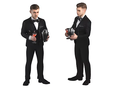 Man In Black Suit With Bow Tie Holding Cocktail Shaker And Glass 3d model