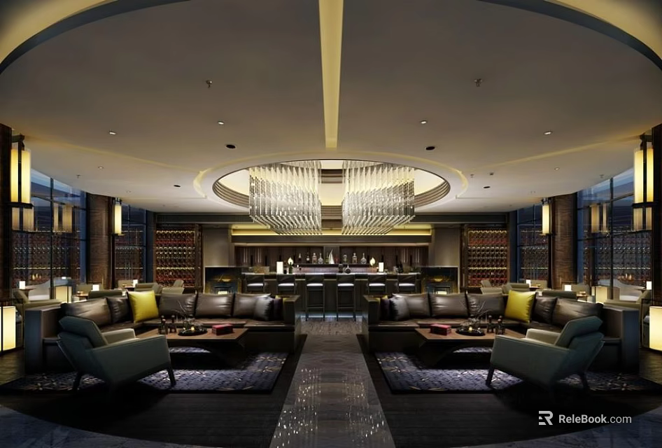 Luxurious Modern Bar Interior With Round Chandelier Sofa Seating And Bar Counter 3d model 