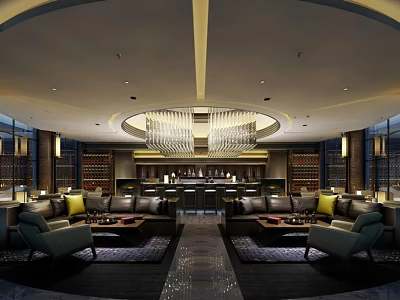 Luxurious Modern Bar Interior With Round Chandelier Sofa Seating And Bar Counter 3d model