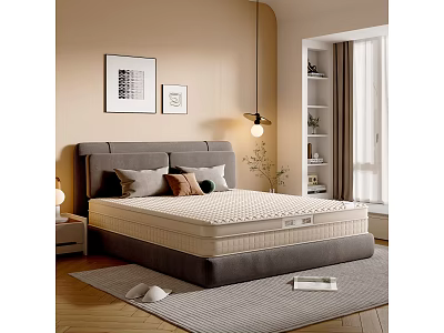 Cozy Double Bed With Gray Headboard Plush Pillows And Comfortable Mattress In Warm Bedroom Setting 3d model