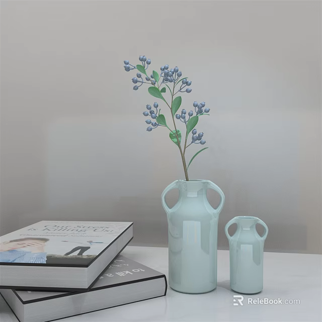 Light Blue Vases With Blue Flowers And Green Leaves On White Table With Books 3d model 