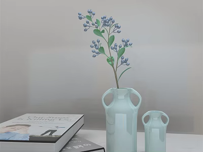Light Blue Vases With Blue Flowers And Green Leaves On White Table With Books 3d model