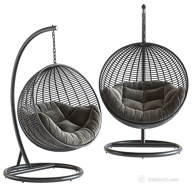 Modern Spherical Hanging Chair With Metal Wicker Frame And Soft Cushioned Seat Stand Design 3d model 