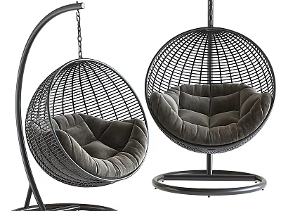 Modern Spherical Hanging Chair With Metal Wicker Frame And Soft Cushioned Seat Stand Design 3d model