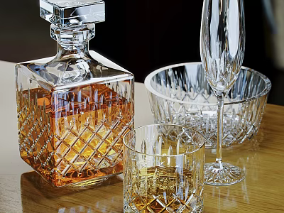 Elegant Crystal Cut Whiskey Bottle And Glasses With Amber Liquid On Wooden Table 3d model