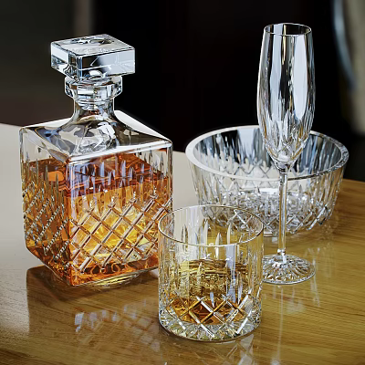 Elegant Crystal Cut Whiskey Bottle And Glasses With Amber Liquid On Wooden Table 3d model Elegant Crystal Cut Whiskey Bottle And Glasses With Amber Liquid On Wooden Table 3d model