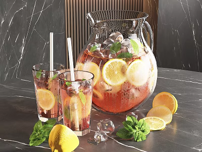 Refreshing Drink In Glass Pitcher And Glasses With Lemon Mint And Ice 3d model