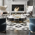 Elegant Gray Living Room Interior With Ornate Chandelier Fireplace White Sofas And Navy Blue Armchairs