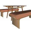 Simple Modern Wooden Dining Table Set With Upholstered Brown Benches 3d model