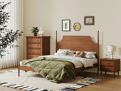 Wooden Double Bed With Green Quilt Pillows Nightstand Decorative Wall Art Area Rug And Plant 3d model