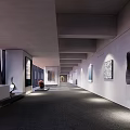 Modern Exhibition Hall Interior With Large Chandelier Red Abstract Painting Metal Sculpture And Marble Floor