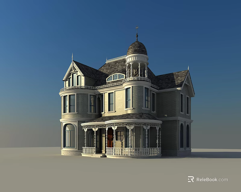 Classic Detached Villa Exterior With Victorian Style Dome Roof Front Porch And White Railings 3d model 