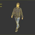Man Walking in Dark Blue Puffer Jacket Blue Jeans and Black Shoes on Gray Background