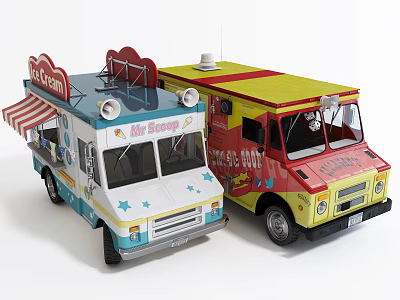 Colorful Food Trucks With Mr Snack And Hot Dog Logos Striped Awning Antenna And Lights 3d model