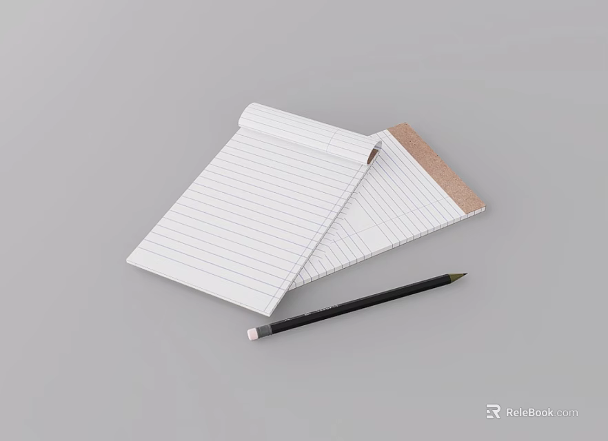 Open Lined Notebook With White Pages Brown Cardboard Edge And Black Pencil 3d model 