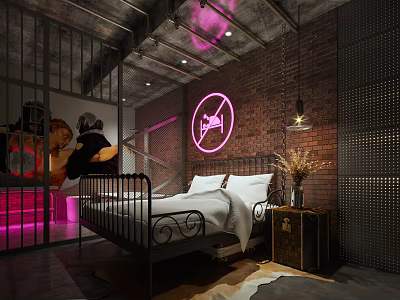 Industrial Style Hotel Room With Pink Neon Sign Brick Wall And Iron Bed Frame 3d model