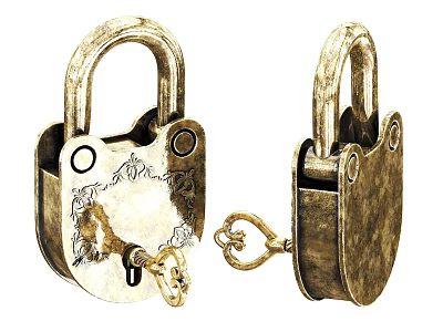 Vintage Brass Padlocks With Carved Patterns One With Key And One Without 3d model