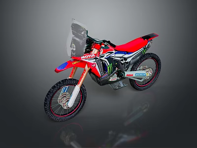 Red Motocross Motorcycle with Sponsor Stickers Off Road Tires and Sporty Body Design 3d model