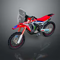 Red Motocross Motorcycle with Sponsor Stickers Off Road Tires and Sporty Body Design