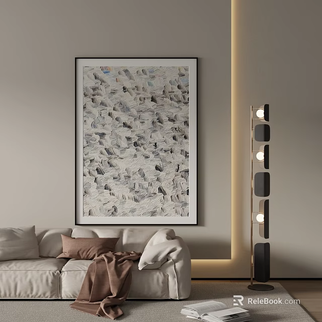 Abstract Painting In Modern Living Room Interior With Sofa Floor Lamp And Neutral Tones 3d model 