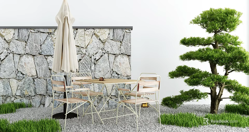 Stylish Outdoor Table With Chairs Umbrella Stone Wall And Green Grass 3d model 