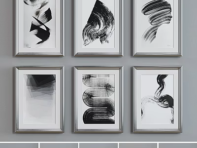 Six Framed Black White Abstract Artworks in Modern Gallery Wall 3d model