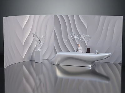 Modern Luxury Streamlined White Furniture With Silver Wavy Walls Reflective Floor And Sculpture Base 3d model