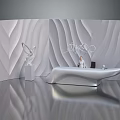 Modern Luxury Streamlined White Furniture With Silver Wavy Walls Reflective Floor And Sculpture Base