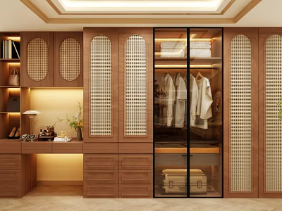Modern Wooden Wardrobe Interior Design With Glass Doors And Lattice Panels 3d model