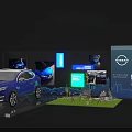 Modern Car Exhibition Booth With Blue Nissan Vehicle And Digital Screens
