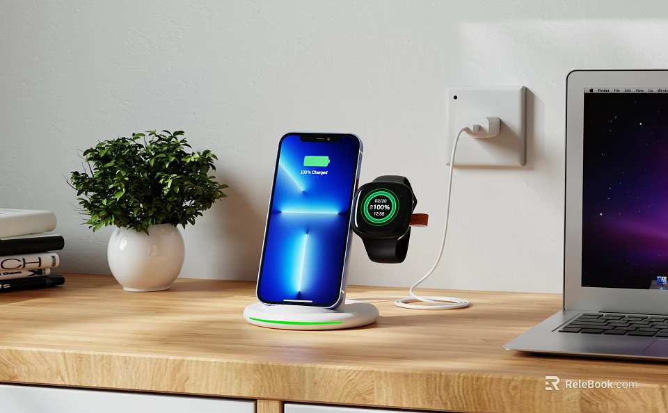 Modern Study Room With Wooden Desk Wireless Charging Smartphone Smartwatch Green Plant And Laptop 3d model 