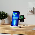 Modern Study Room With Wooden Desk Wireless Charging Smartphone Smartwatch Green Plant And Laptop