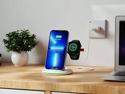 Modern Study Room With Wooden Desk Wireless Charging Smartphone Smartwatch Green Plant And Laptop 3d model