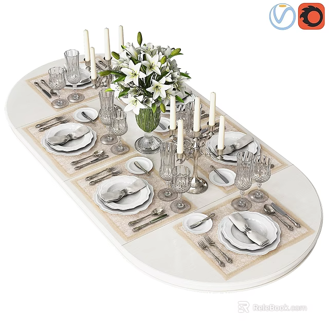 Elegant Tableware Set with White Lilies Glassware Cutlery on Oval Dining Table 3d model 