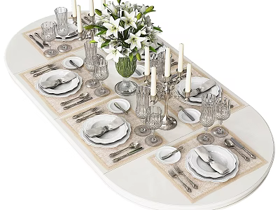 Elegant Tableware Set with White Lilies Glassware Cutlery on Oval Dining Table 3d model