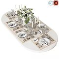 Elegant Tableware Set with White Lilies Glassware Cutlery on Oval Dining Table 3d model