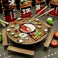 Authentic Hotpot Restaurant Featuring Round Wooden Table Central Hotpot Fresh Ingredients Chopsticks And Decorative Lighting