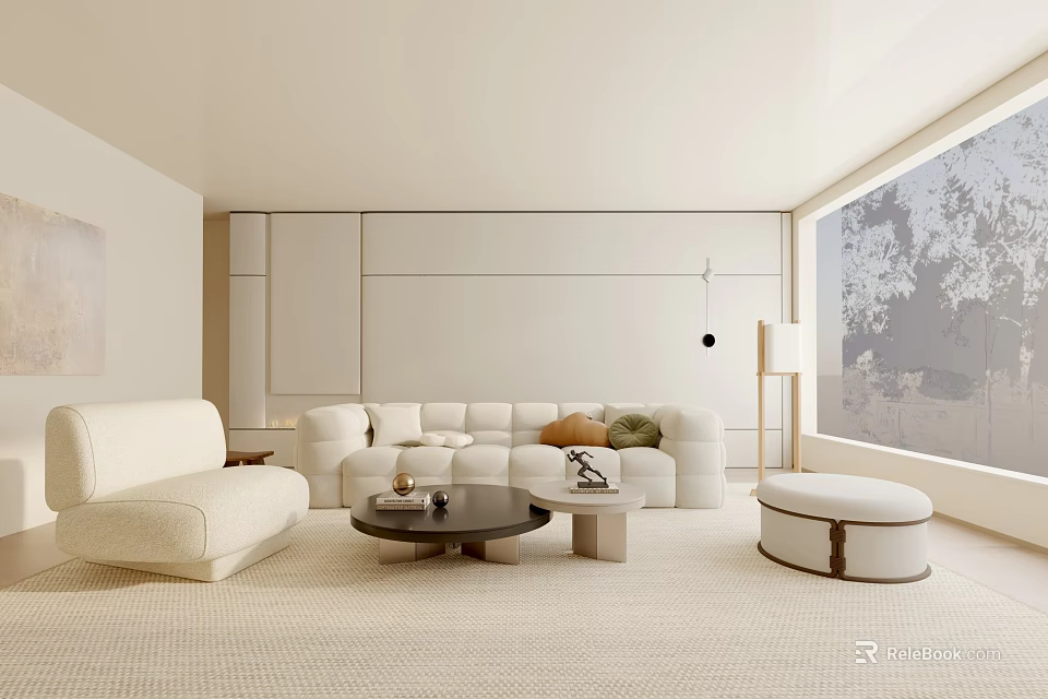 Modern Living Room Interior With White Sofa Round Coffee Table Ottoman And Large Window 3d model 