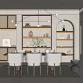 Modern Restaurant Interior With Open Layout Dining Table Chairs Pendant Lights And Decorative Shelves