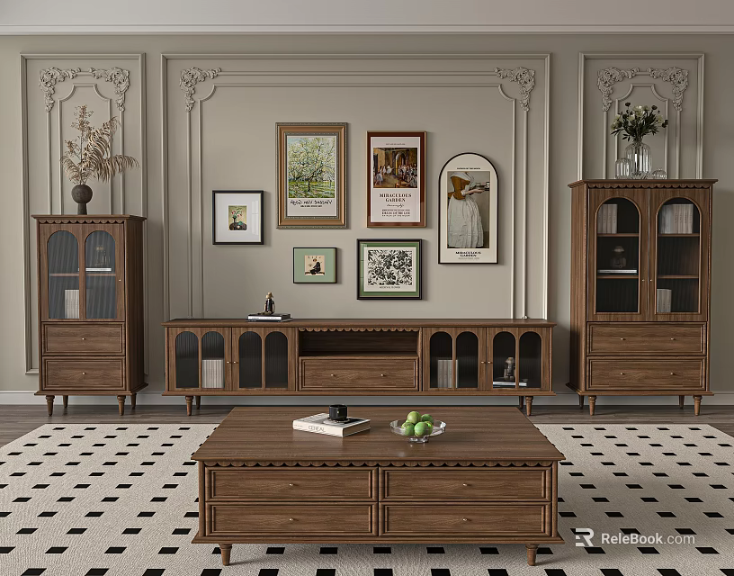 Classic Wooden TV Stand With Framed Artworks Paneled Walls And Glass Door Cabinets 3d model 