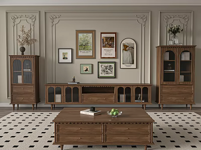 Classic Wooden TV Stand With Framed Artworks Paneled Walls And Glass Door Cabinets 3d model